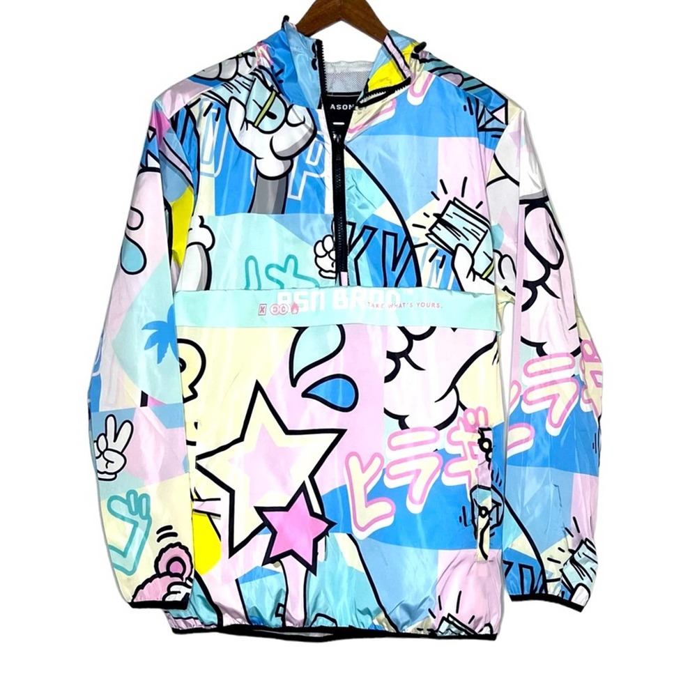 Reason Mens Graffiti Neo World Print Pastel 1/4 Zip Windbreaker NWT SZ M